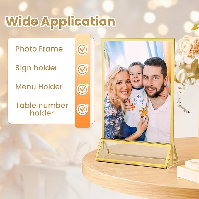 Acrylic Sign Holder 5X7 Gold Picture Frame Double-Sided Acrylic Frames for Wedding Table Numbers Photo Frames Flyers Menu with Removable Sticky Dots-6 Pack