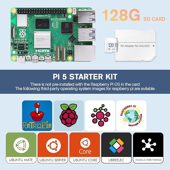 Raspberry Pi 5 Starter Kit with Pi 5 4GB RAM Board, 27W USB-C Pi 5 Power Supply, 128GB Card, Raspberry Pi 5 Aluminum Case