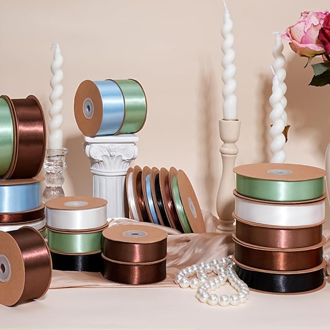 LaRibbons Brown Satin Ribbon 3/8 Inch 50 Yards Thin Luxury Double Faced Mocha Mousse Silk Ribbon for Flower Bouquet Crafts Gift Wrapping Wedding Decoration