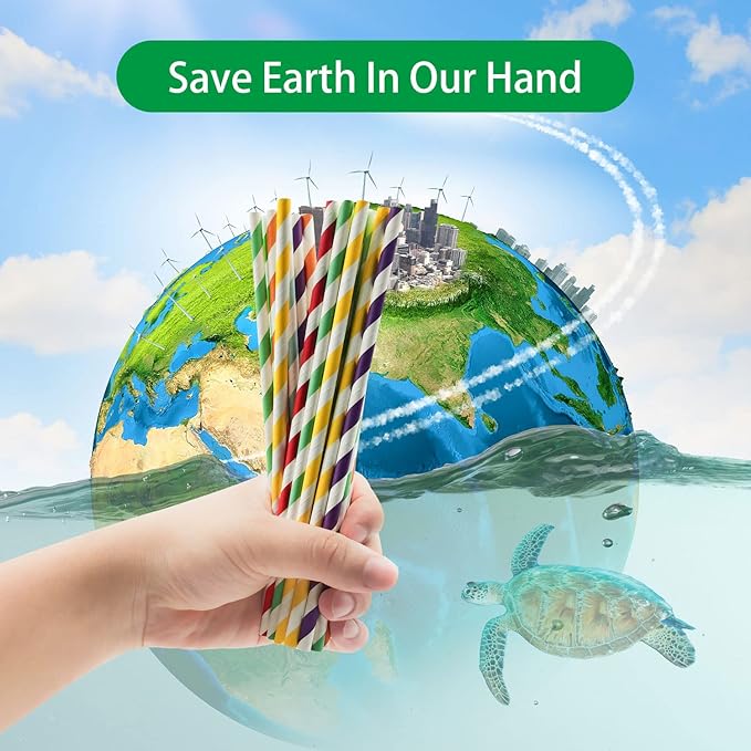 Environment Green White Paper Straws Bulk 100, Disposable Green Striped Drinking Straws with Kraft Box Packing Coktail Straw for Holiday Use Juice Patener