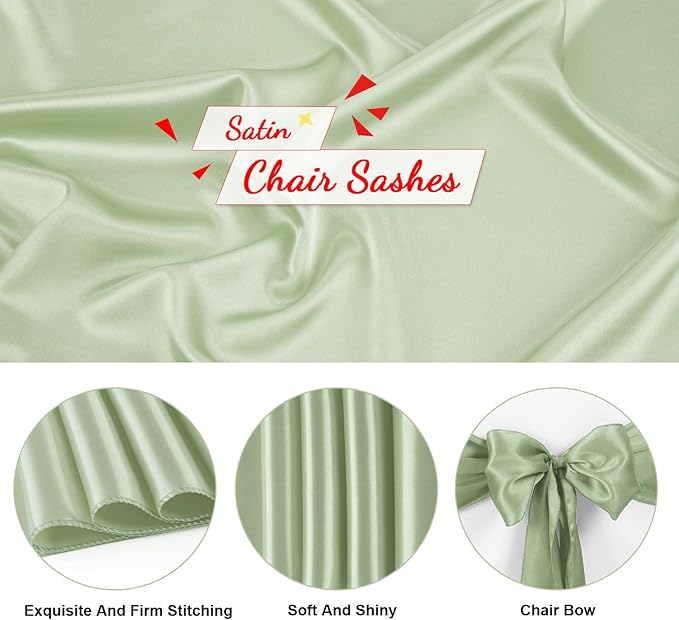 Satin Chair Sashes Bows Universal Chair Ribbon Ties Back Sash for Wedding Party Reception Events Banquets Hotel Event Chair Cover Decoration (7x108 inch) (100, Sage Green)