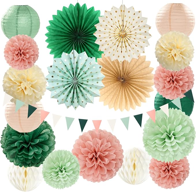 Sage-Green Pink Party-Decorations Paper-Flowers Lanterns - 20PCS Boho Rustic Tissue Pom Poms Streamers Fans Honeycomb, Birthday Baby Shower Neutral Garden Wedding Hanging Supplies Decor Burgleda