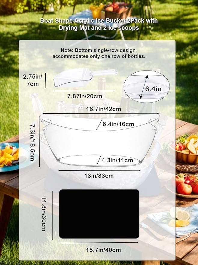 5.5L 16.7x6.4x7.3in Ice Bucket 1PCS with Drying Mat & Scoop for Parties, Mimosa Bar Supplies Beverage Tub for Champagne Beer Sparkling Wine, Acrylic Drink Cooler/Holder Food Grade Boat Shape