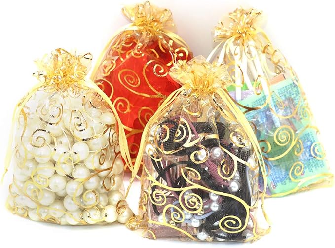 Staruby Organza Gift Bags 100Pcs Gold Sheer Organza Bag 4x6 Inch Mesh Favor Bags Drawstring Jewelry Rattan Printed Gift Pouches for Wedding Party Favors Couple Shower Christmas Gifts Candy Bags