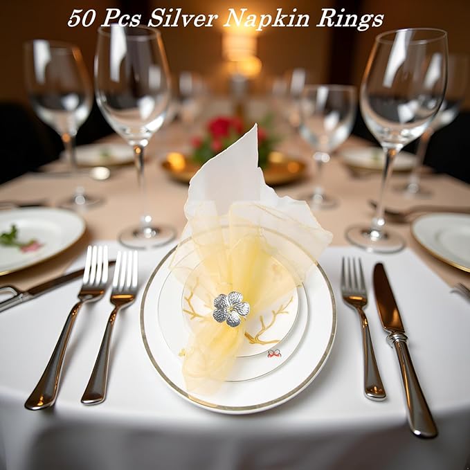 Flower Napkin Rings Set of 50, Plum Blossom Napkin Ring Silver Floral Holder for Wedding Season Banquet Party Décor Holiday Dinner Delicate Serviette Buckles Table Setting (Silver 50)