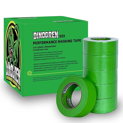 DINOGREN High Performance Automotive Masking Tape – 2 Inch x 60 Yards (20 Rolls) – Heat & Water Resistant Green Tape for Car Paint, Auto Body Shop, Industrial Use, Clean Removal, Solvent Safe- 7767