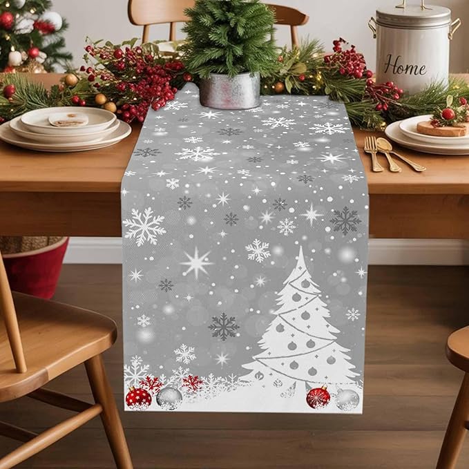 Christmas Snowflakes Cotton Linen Table Runner for Dining Kitchen, Xmas Tree Snow Winter Wedding Outdoor Party Tablerunners Decoration, Grey Balls Dresser Scarf Coffee Tablecloth Runners 13x108 Inches