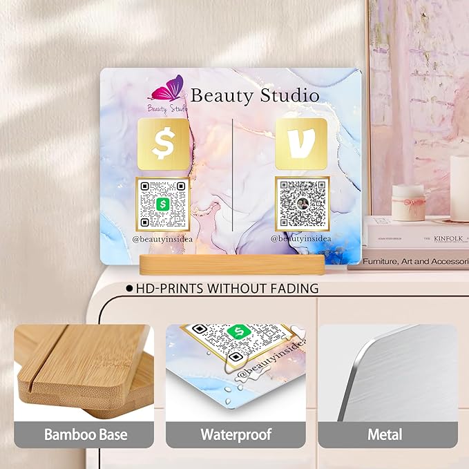Personalized Custom Metal QR Code Sign Venmo Cashapp Scan to Pay with Stand Instagram Facebook Social Media QR Signs Bar Code QR Plaque Print for Business Salon Beauty Store Restaurant Wifi Sign (Horizontal 2)