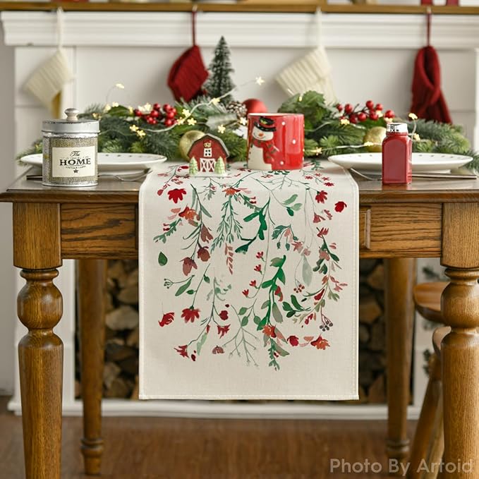 Artoid Mode Floral Leaves Christmas Table Runner, Wild Flowers and Grasses Winter Kitchen Dining Table Decoration for Home Party Decor 13x120 Inch