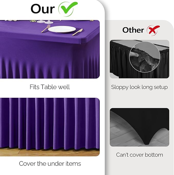 Wish Care 2 Pack Dark Purple Spandex Table Clothes for 8 Foot Rectangle Tables, 8FT Wrinkle Free Fitted Tablecloths Ruffles Design Table Cover for Party, Banquet, Wedding and Events