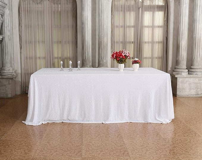 SquarePie Sequin Tablecloth 90 x 132 Inch White Sparkly Table Cloth for Wedding Party