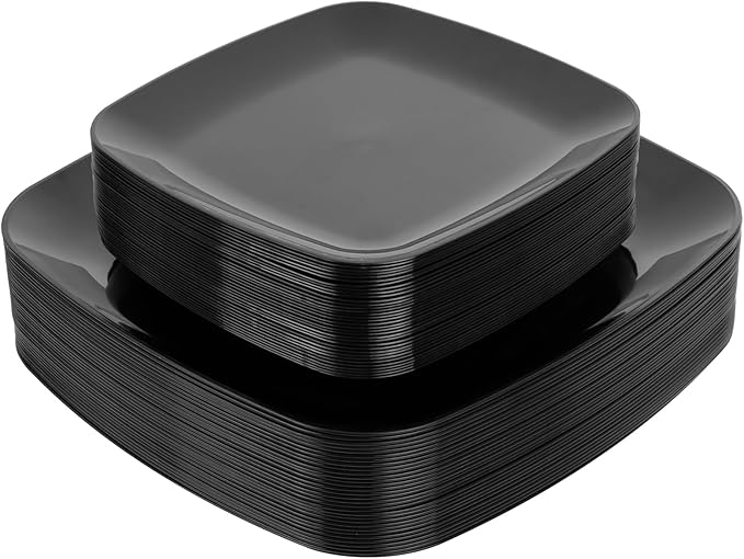 PULOTE 60PCS Black Square Plastic Plates Disposable - Include 30 Dinner and 30 Dessert Plates,Ideal for Party&Halloween