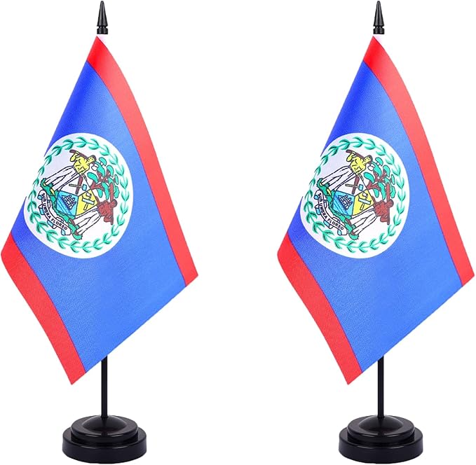 WXTWK 2 Pack Belize Flag Belize Desk Flag Set - Mini Small Belizeans Table Office Flags with Black 12" Solid Pole Stand Base Classroom Meeting Desktop Decorations