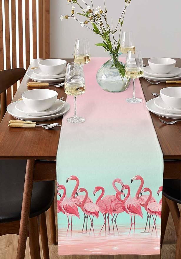 Tropical Flamingo Cotton Linen Table Runner for Dining Kitchen, Wedding Outdoor Party Tablerunners Decoration, Pink Bird Coastal Nautical Animal Dresser Scarf Coffee Tablecloth Runners 13x60 Inches