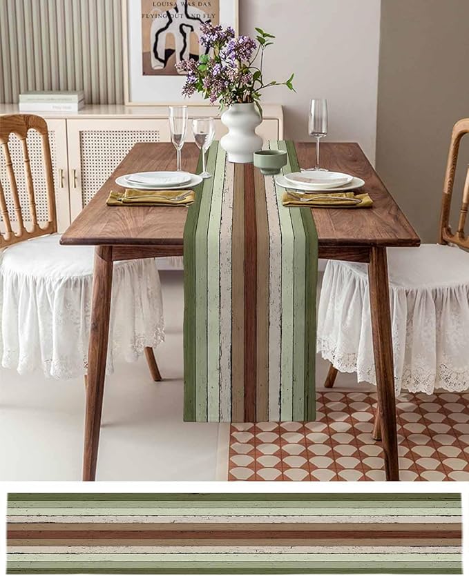 Sage Green Wooden Cotton Linen Table Runner for Dining Kitchen, Wedding Outdoor Party Tablerunners Decoration, Vintage Country Retro Distressed Grain Dresser Scarf Coffee Tablecloth Runners 13''x120''