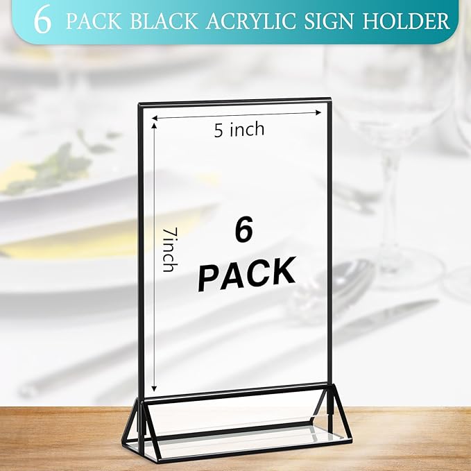 Zonon Acrylic Sign Holder 5x7, 6 Pack Vertical Double Sided Menu Display Stand with Borders, Double Sided Wedding Table Menu Holders Picture Frames for Restaurant, Christmas Party(5 x 7 Inch)