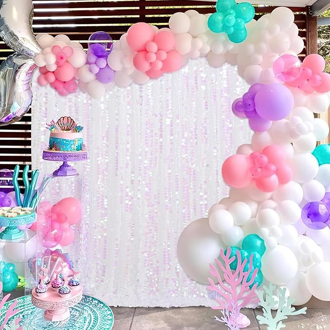 Glitter Backdrop Curtains 4ftx8ft White Iridescent Sequin Drapes Panels Mermaids Party Undersea World Party Wall Decorations Background Fabric