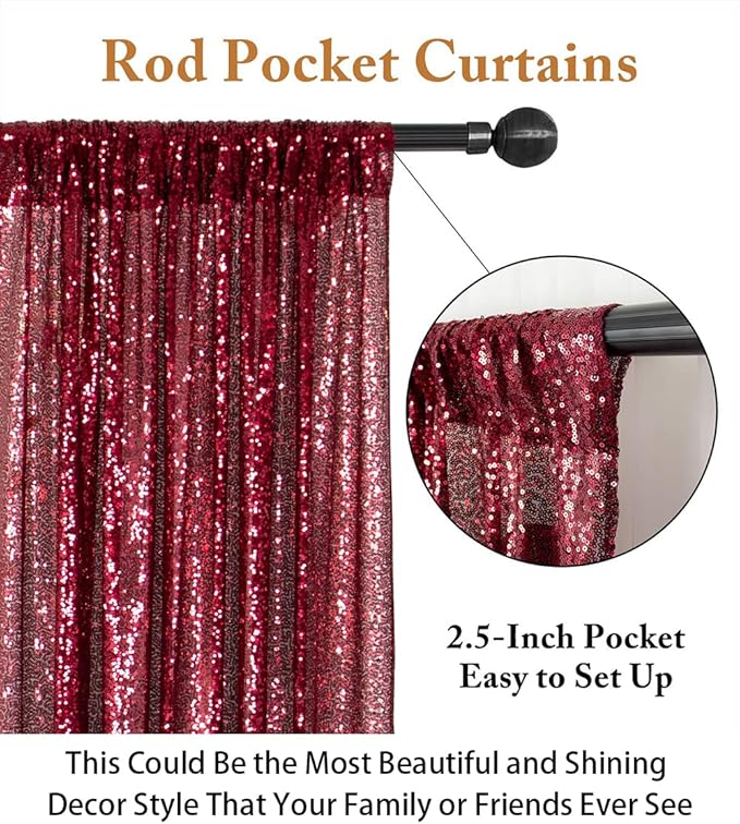 ShinyBeauty Sequin Curtains 2 Panels Burgundy 2FTx8FT Sequin Photo Backdrop Burgundy Sequin Backdrop Curtain Pack of 2-190222E