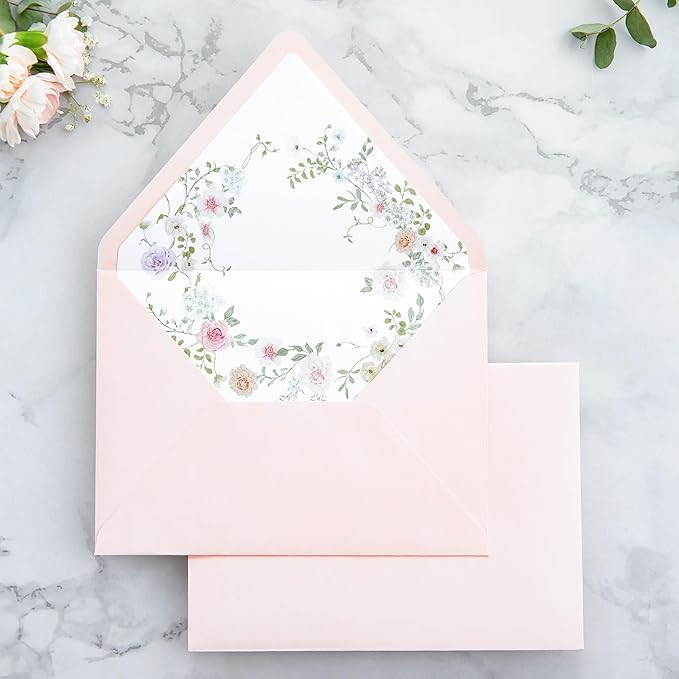PONATIA 50PCS A7 Euro Flap Envelopes, 5.25 x 7.25'' Blush Pink Flowers Liner Envelopes for 5x7 Wedding Invitations, Photos, Postcards, Greeting Cards, Christmas Gift Cards, Acrylic Mailing