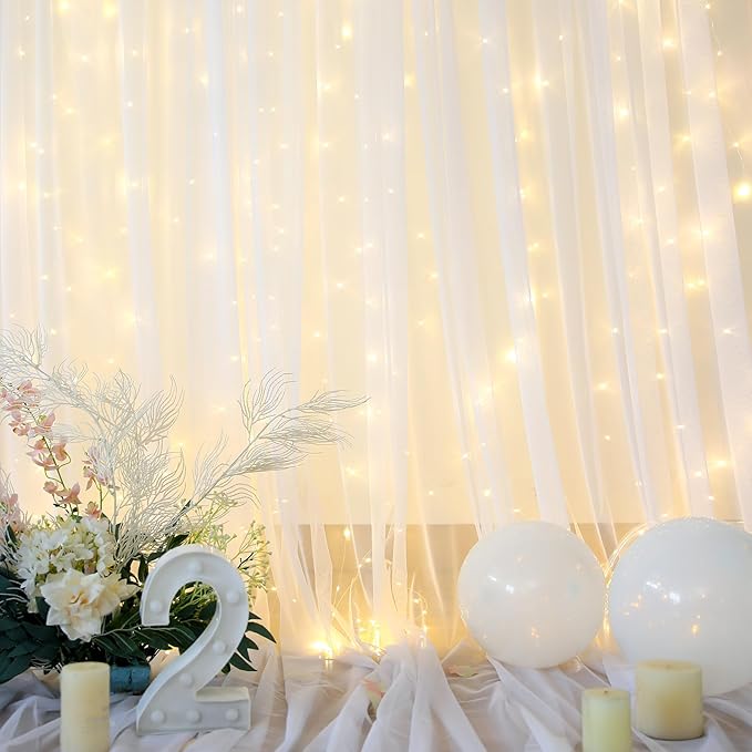 Sheer Backdrop Curtain with Lights String for Parites 20×10ft White Tulle Backdrop Curtain for Wedding Baby Shower Birthday Party Photo Shoot Decorations(4 Panels 5ft×10ft)