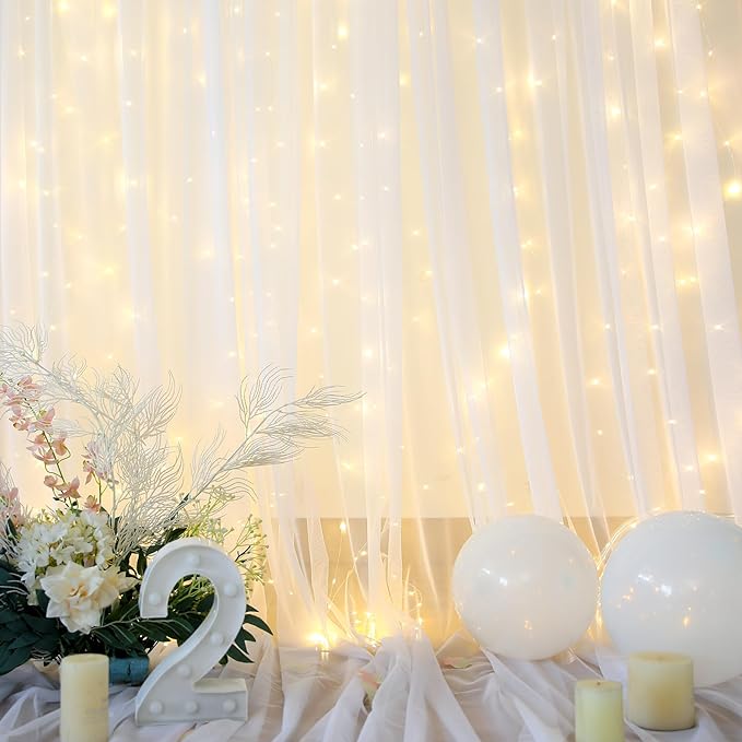 Suppromo White Tulle Backdrop Curtain with Lights String for Parites 20×8ft Sheer Curtains Wedding Baby Shower Birthday Party Photo Shoot Decorations(4 Panels 5ft×8ft)