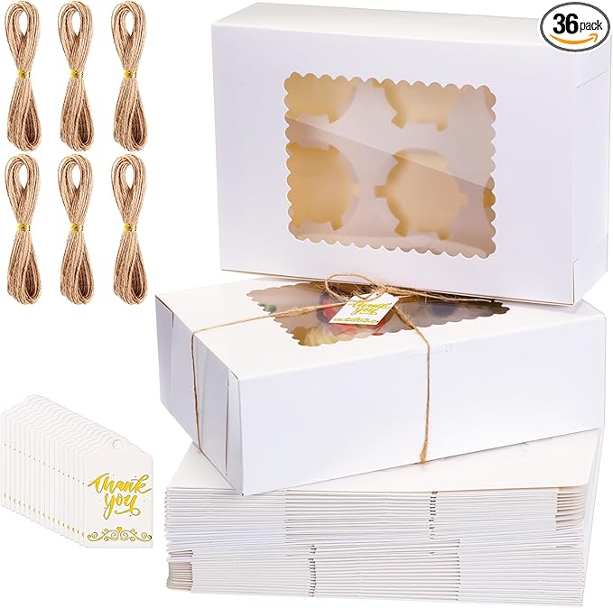 36 Pack Cupcake Boxes Hold 6 Count Disposable Cupcake Containers with Window and Cake Carrier with Thanks Card and Jute Rope to Muffins Cupcakes Cookies Gift Wrapping(White)