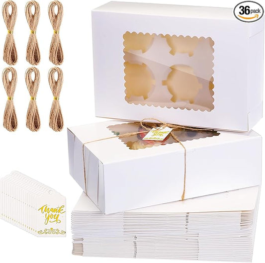 36 Pack Cupcake Boxes Hold 6 Count Disposable Cupcake Containers with Window and Cake Carrier with Thanks Card and Jute Rope to Muffins Cupcakes Cookies Gift Wrapping(White)