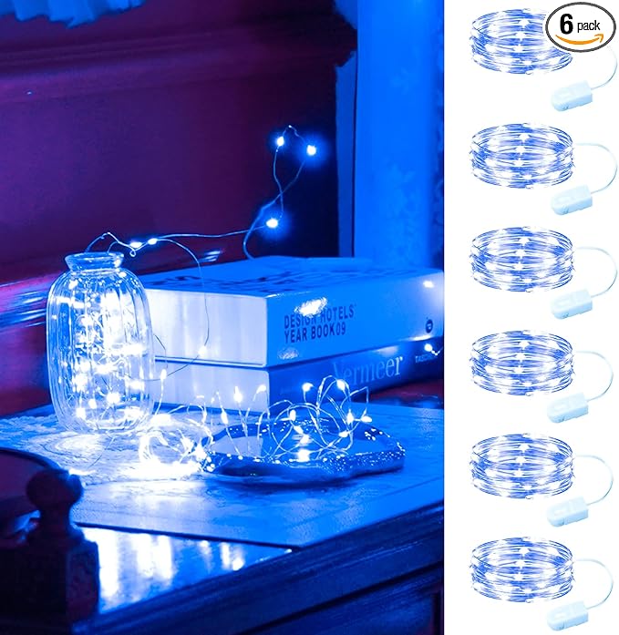 HXWEIYE 6 Pack Blue Fairy Lights Battery Operated, 7ft 20LED Mini Mason Jar Fairy String Lights, Waterproof Firefly Starry Light for DIY Wedding Party Bedroom Patio Christmas Décor