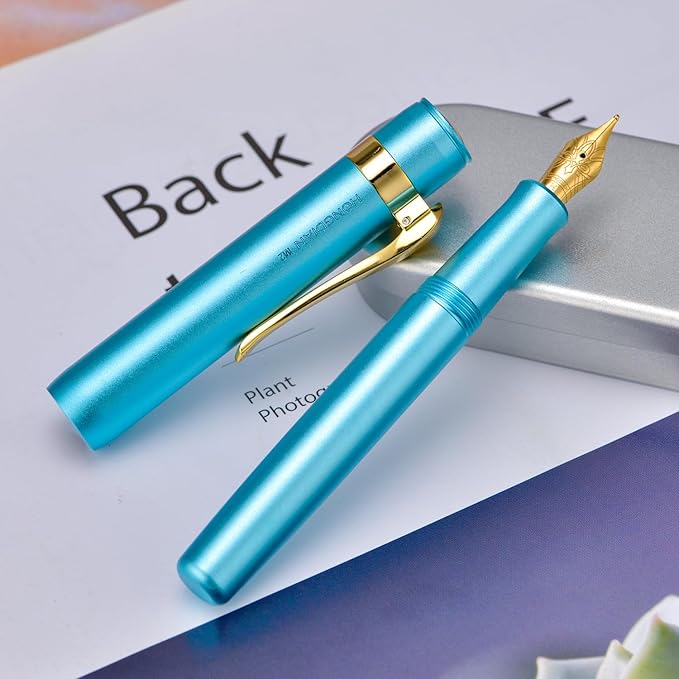 HONG DIAN M2 Black Forest Mini Fountain Pen, Fine Soft Nib & Sleek Shape Aluminium Short Pocket Travel Pen (Lake Blue)