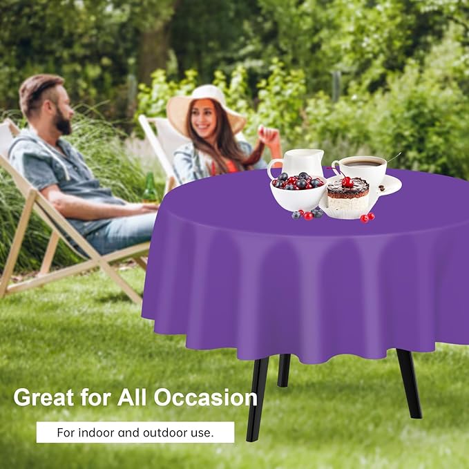 QIKSION Purple Round Tablecloth 6 Pack, 84 Inch Plastic Table Cover Disposable for Parties