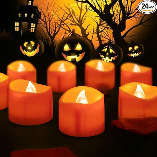 BEICHI 24 Pack Halloween Tea Lights, Realistic Orange Tea Candles, Battery Operated Flameless Tealights for Halloween, Fall Decorations