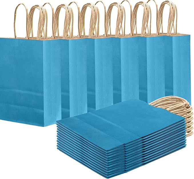 qiqee Ice Blue Gift Bag with Handles Bulk 24Pcs Paper Bags -8.3"x6"x3. 15" Party Favor Bags - Solid Color