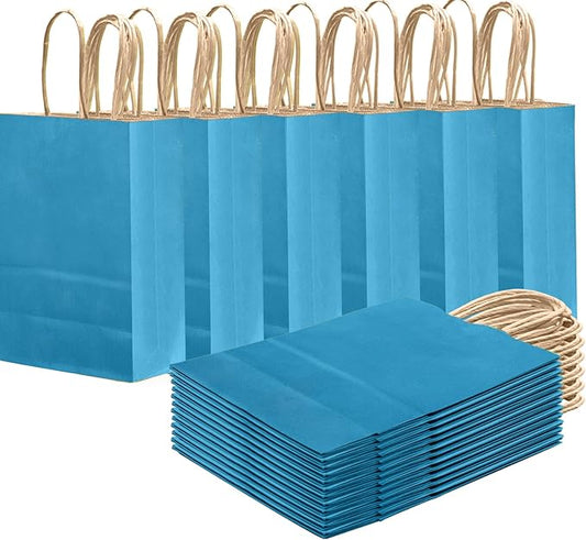 qiqee Ice Blue Gift Bag with Handles Bulk 24Pcs Paper Bags -8.3"x6"x3. 15" Party Favor Bags - Solid Color
