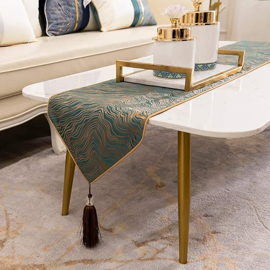Avigers 12 x 90 Inch Decorative Luxury Abstract Striped Green Teal Table Runners with Tassels for Home Living Room Bedroom Art Decor Wedding