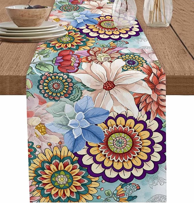 Boho Flowers Cotton Linen Table Runner for Dining Kitchen, Wedding Outdoor Party Tablerunners Decoration, Colorful Floral Farm Vintage Botanical Dresser Scarf Coffee Tablecloth Runners 13x72 Inches