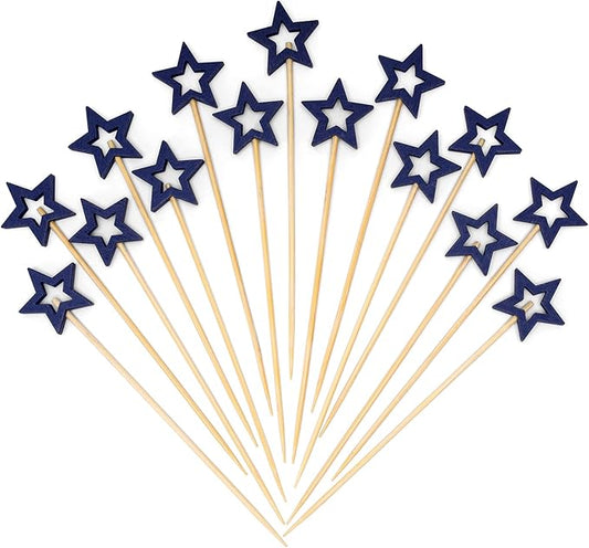 Minisland Big Navy Blue Star Cocktail Picks, 5.5 Inch Long Bamboo Fancy Toothpicks for Appetizers, Decorative Independence Day Holiday Party Food Drinks Garnish Fruit Skewer Sticks 50 Counts - MSL433