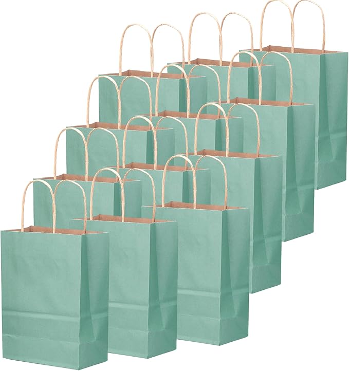 qiqee 100PCS Gift Bag with Handles Bulk Kraft Light Blue Paper Bags Multiple Uses (13''x5 x10 inch Large Size)