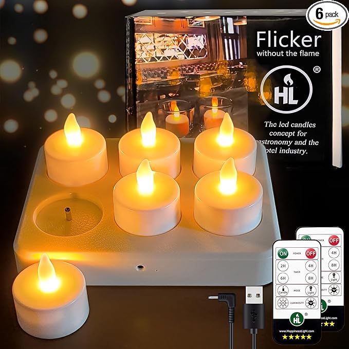 HL Flameless Candles with Remote & Charging Base,6pcs 50+Hours Rechargeable Battery Operated Tea Lights Timer Candles, LED Votive TeaLights Yellow Light for Halloween Christmas Table Centerpiece