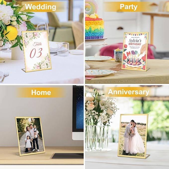 EHWINE 12 Pack Acrylic Sign Holder 4 x 6, Gold Picture Frame Stand up Table Top Sign Holders, Slanted Back Paper Holder Clear Display Stand Menu Flyer Holder for Wedding Party