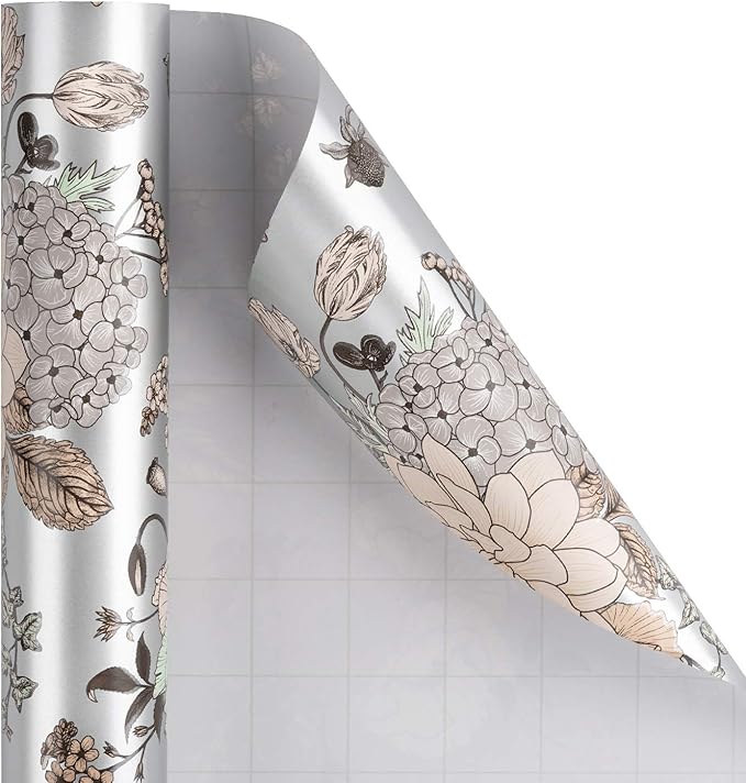 WRAPAHOLIC 30 Inch Jumbo Floral Wrapping Paper - 30 Inch X 33 Feet - Pearlized Silver Vintage Floral Wedding Wrapping Paper for Birthday, Bridal Shower, Baby Shower