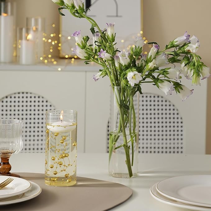 Set of 3 Glass Cylinder Vases for Centerpieces with 2 Pack Vase Filler 3 Pearl String 6 White Floating Candles for Centerpieces, Table Center Pieces for Wedding Party Home Decor 5, 6, 8 Inch