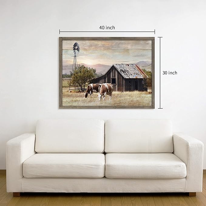 Rustic Wall Decor Barn Framed - Vintage Farmhouse Cow & Windmill Landscape Picture Artwork for Home and Kitchen