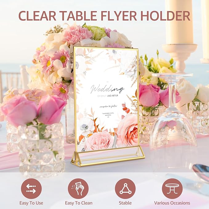 12 Pack Acrylic Sign Holder, 5x7 Inch Double-Side Gold Picture Frames Stands for Display, Vertical Table Top Sign Holders for Wedding, Party, Offices, Table Numbers, Home