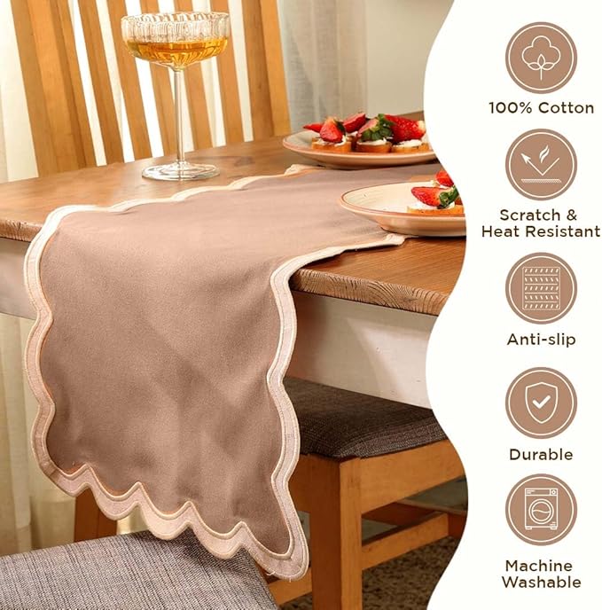 Folkulture Table Runners | Fall Table Runner 72 inches Long | Scallop Table Runner for Fall Decor or Boho Decor | Brown Table Runners for Dining Room | Thanksgiving Decorations for Home