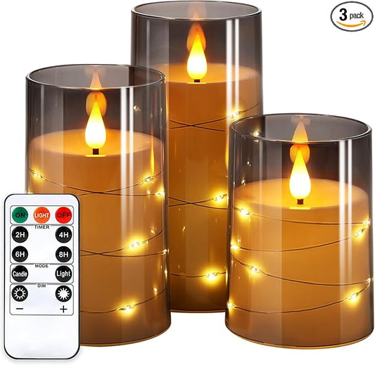 NURADA Flickering Flameless Candles: Built-in Star String Lights 3D Wick Acrylic Battery Operated LED Pillar Candles with Remote and Timer for Fall Halloween Christmas Home Decoration - 3 Pack Gray
