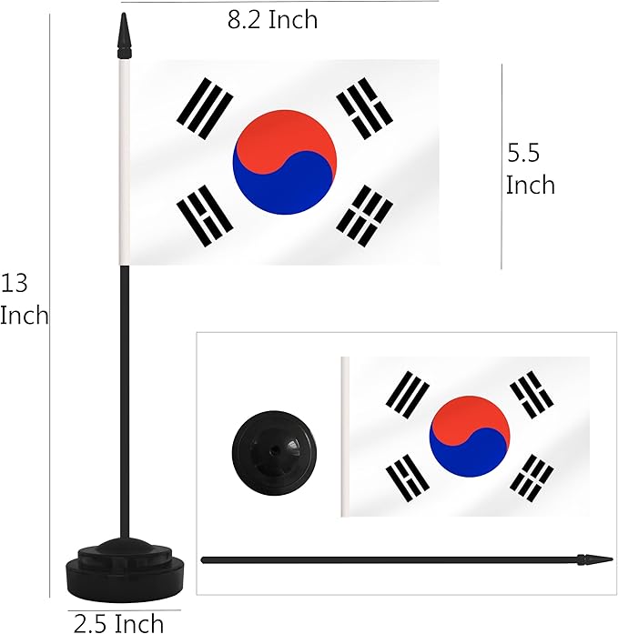 2 Pack Korea Desk Flag Set, Korean Desktop Small Miniature Table Office Flag with 12" Black Pole and Black Base, Offices, Classroom, Home, Festival Decoration (Korea)