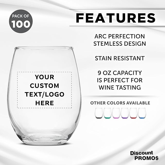Custom Stemless Wine Glass 9 oz. Set of 100, Personalized Bulk Pack - Great for Wedding Favors, Bachelorette Party Decorations, Party Favors, Color Bottom - Clear