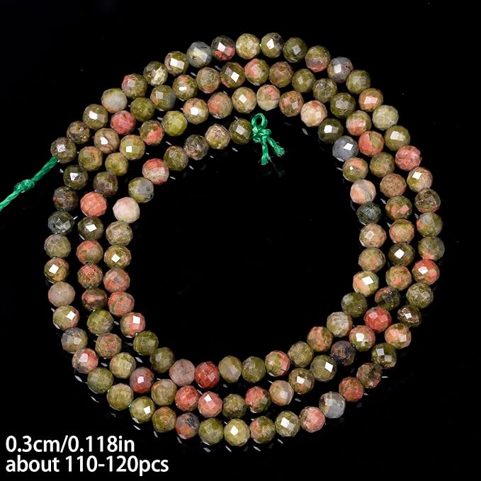 Song Xi 120pcs 3mm Natural Unakite Gemstone Beads Faceted Round Loose Stone Beads for Jewelry Making