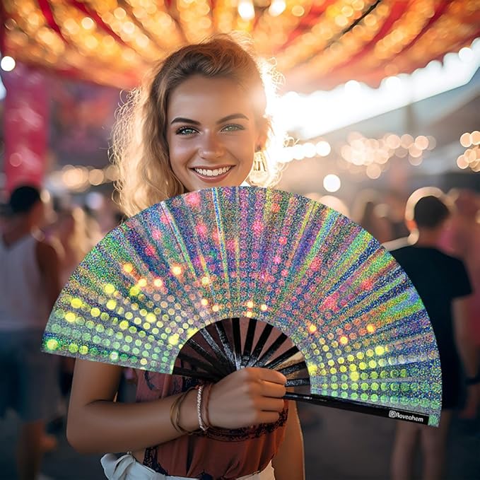 Large Rave Fan, Clack Folding Hand Fan with Premium Fabric, Thick Bamboo Frame for Men Women Gift for EDM, Festival, Club, Party, Dance, Decoration (Lridescent Light, 13")