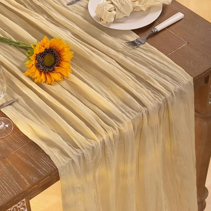 Champagne Gold Cheesecloth Table Runner 10 Pack Fall Table Runners Boho Gauze 120 Inches Champagne Cheese Cloth Fall Table Decorations for Thanksgiving Wedding Bridal Baby Shower Parties